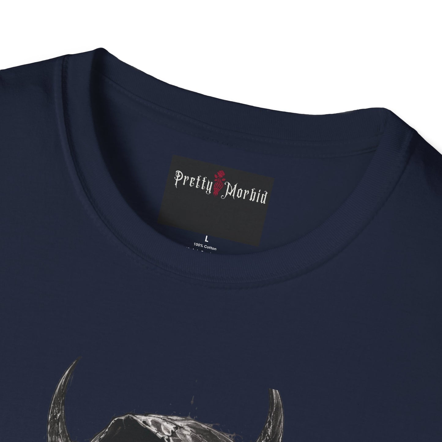 Navy blue t-shirt with a small yellow design on a white background