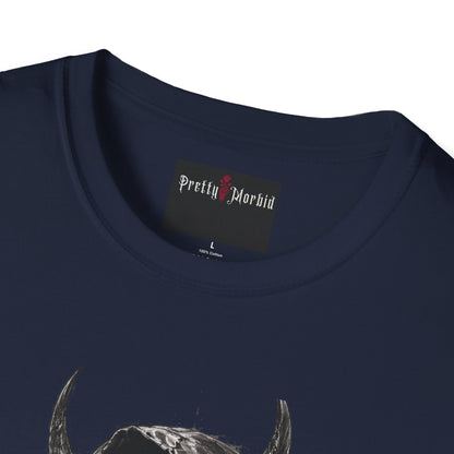 Navy blue t-shirt with a small yellow design on a white background