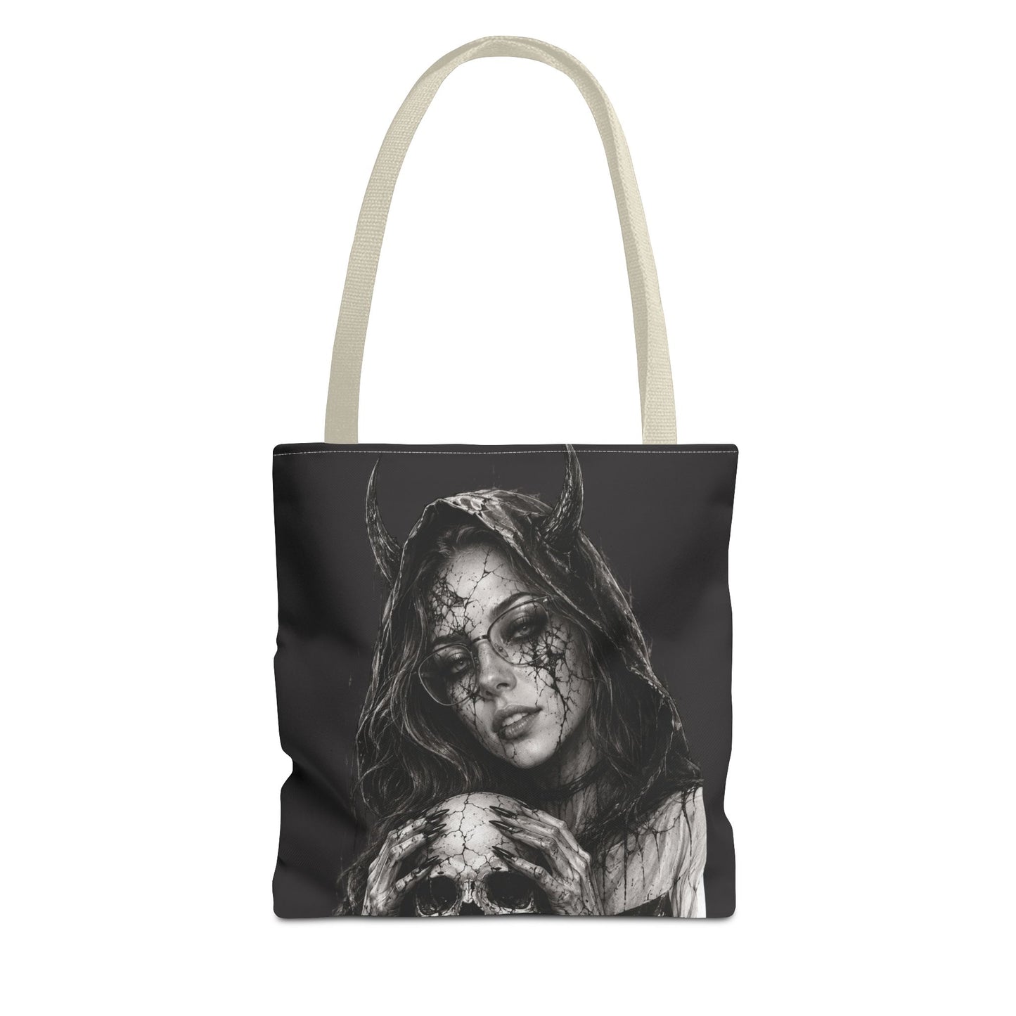 Tote bag with a black and white design of a hooded figure with horns on a white background