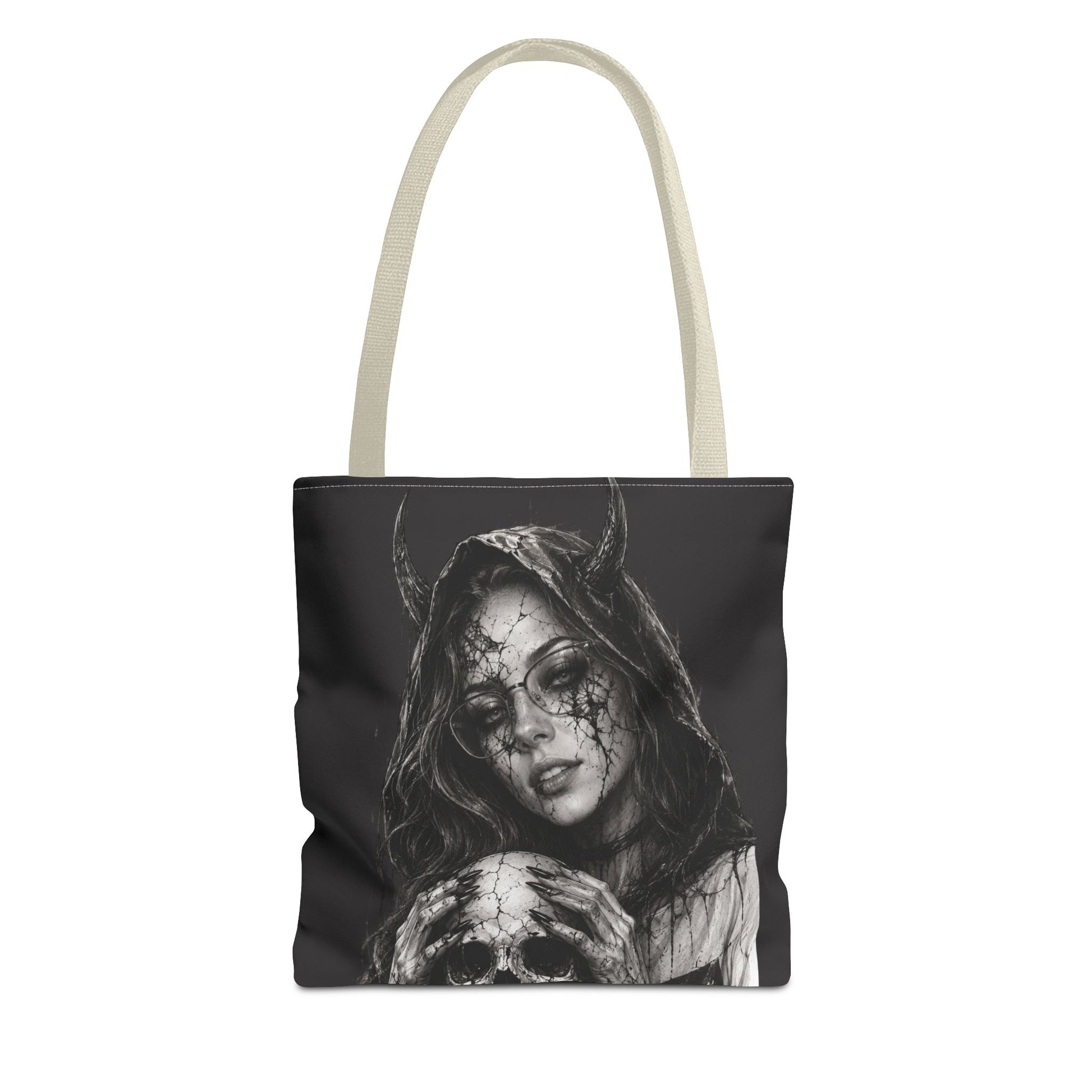 Tote bag with a black and white design of a hooded figure with horns on a white background