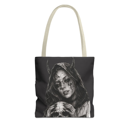 Tote bag with a black and white design of a hooded figure with horns on a white background