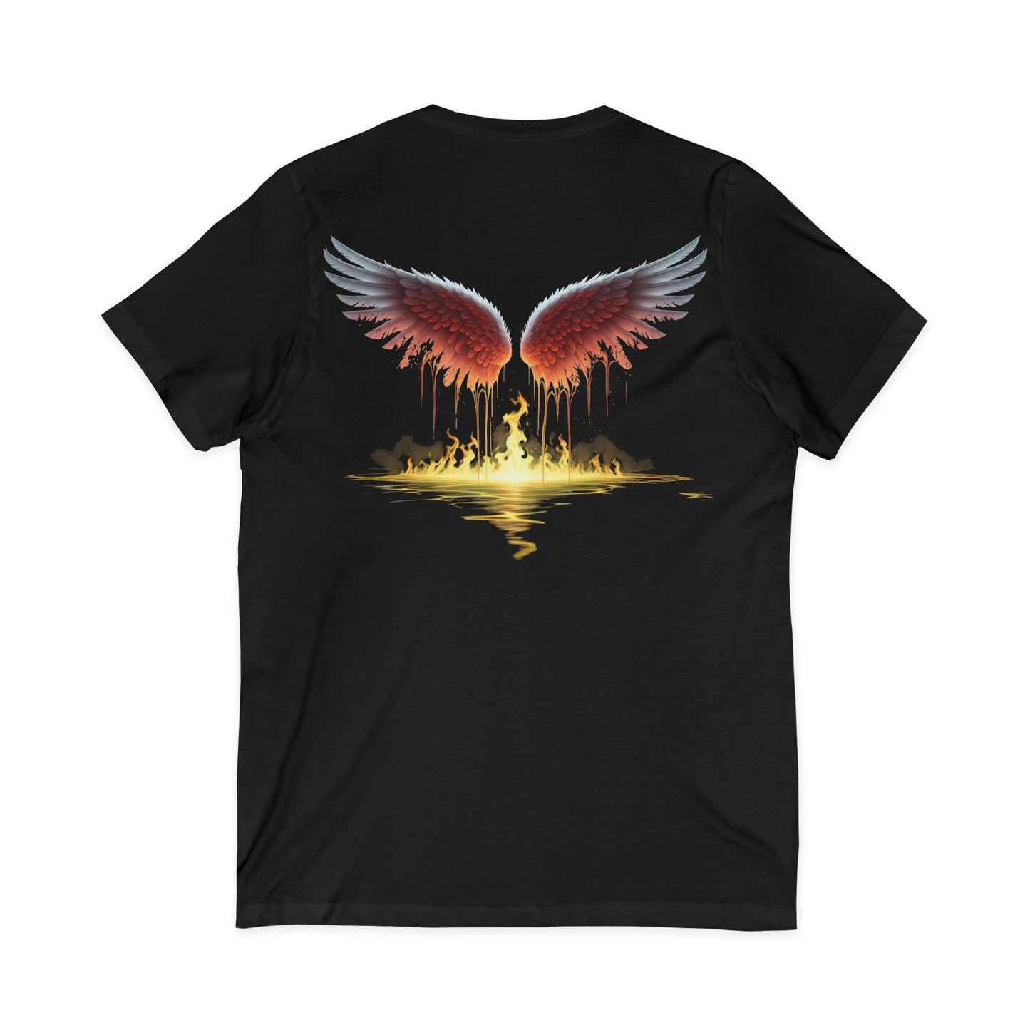 Black t-shirt with red wings and a person silhouette on a white background