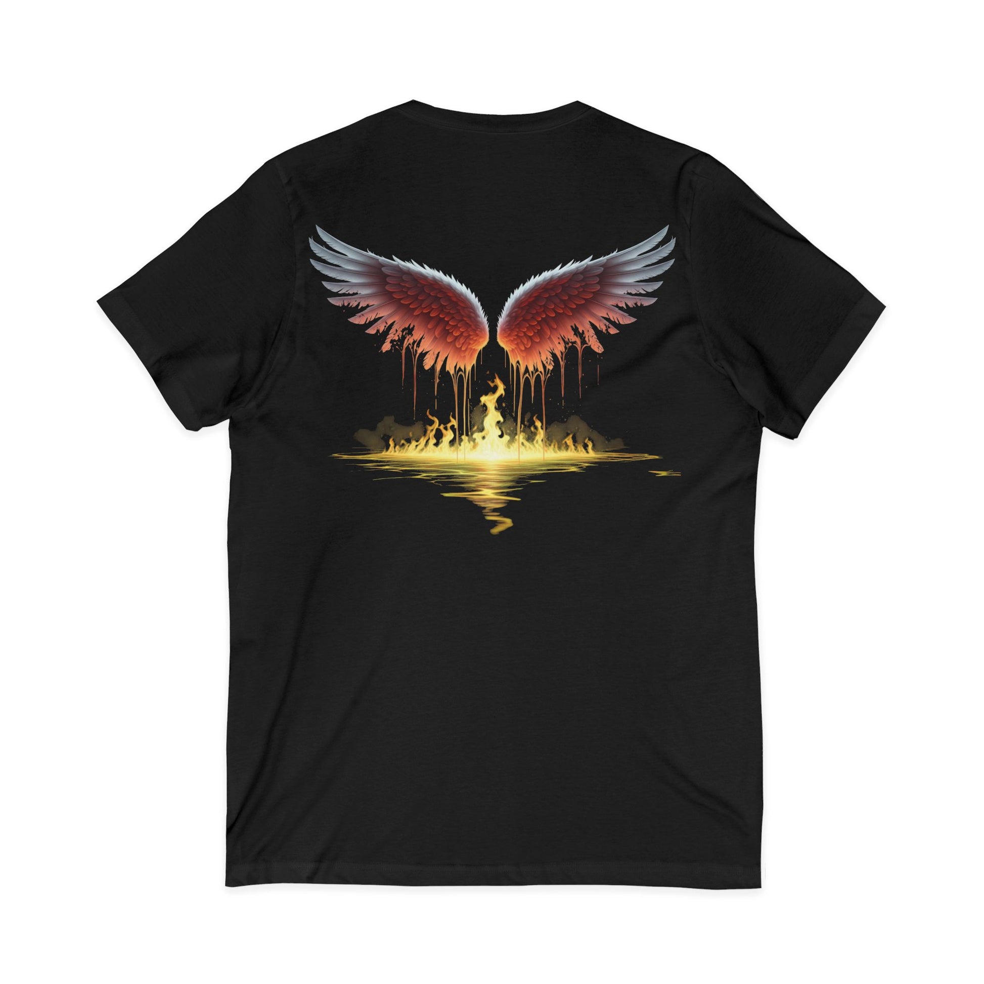 Black t-shirt with red wings and a person silhouette on a white background