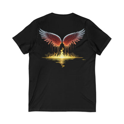 Black t-shirt with red wings and a person silhouette on a white background