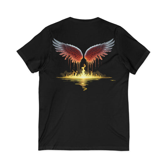 Black t-shirt with red wings and a person silhouette on a white background