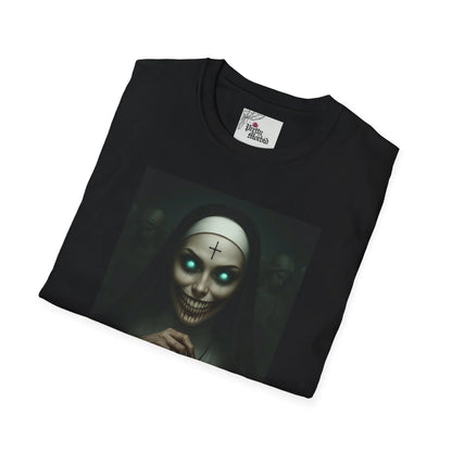 Folded black t-shirt with glowing-eyed gothic nun and skull face horror design