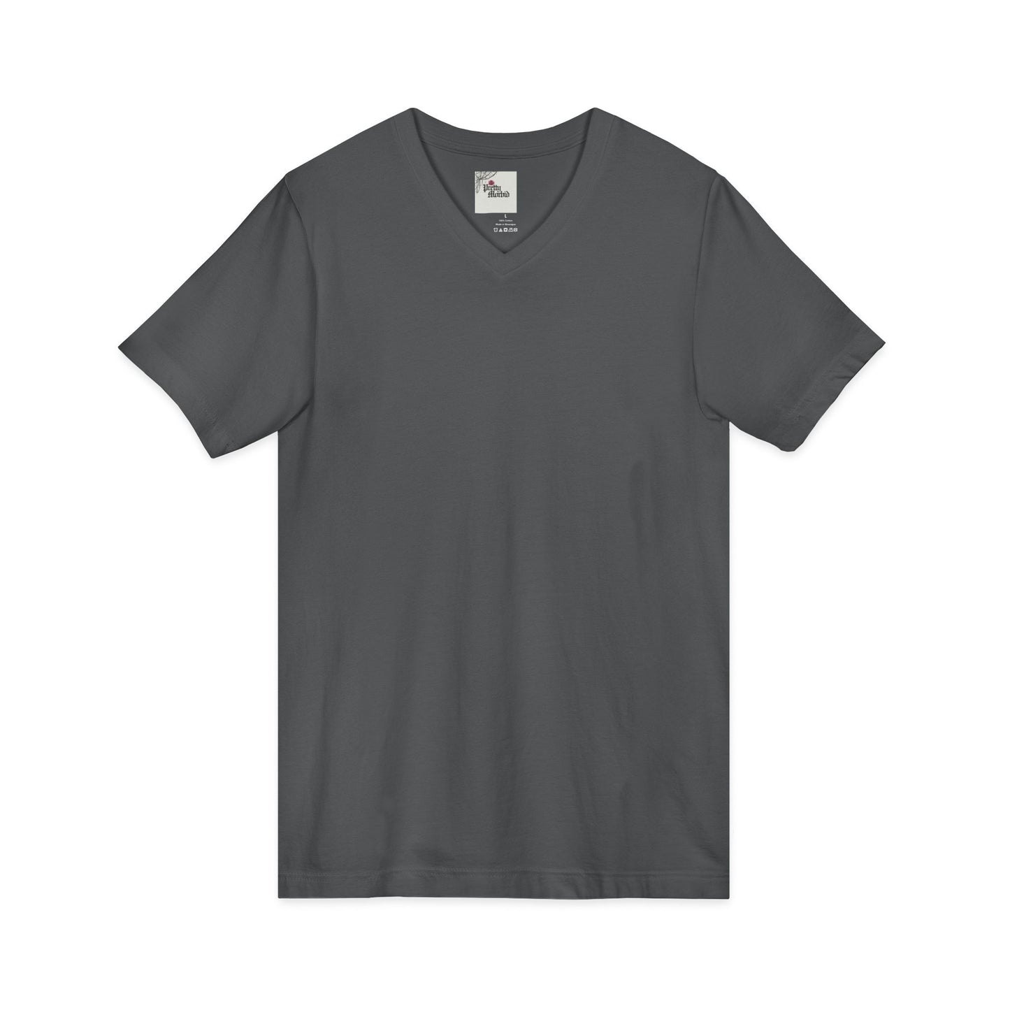 Dark gray t-shirt with white text on a white background