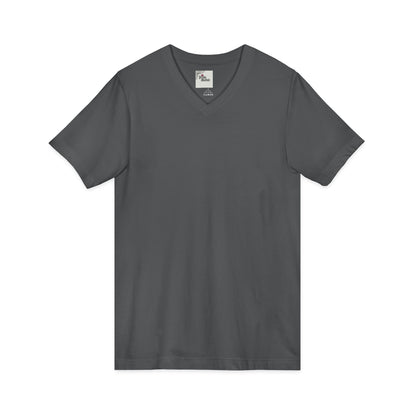 Dark gray t-shirt with white text on a white background