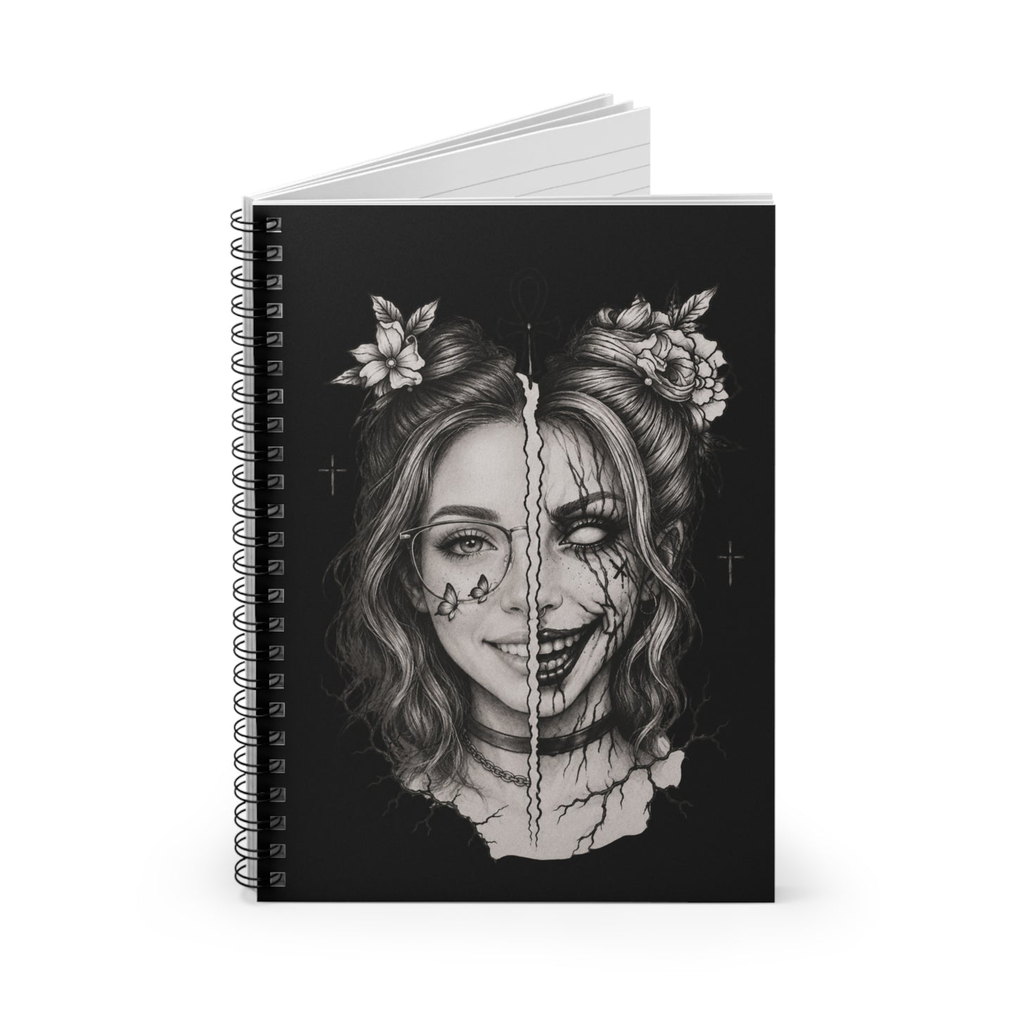 Spiral-bound notebook with a black and white illustration of a face on the cover