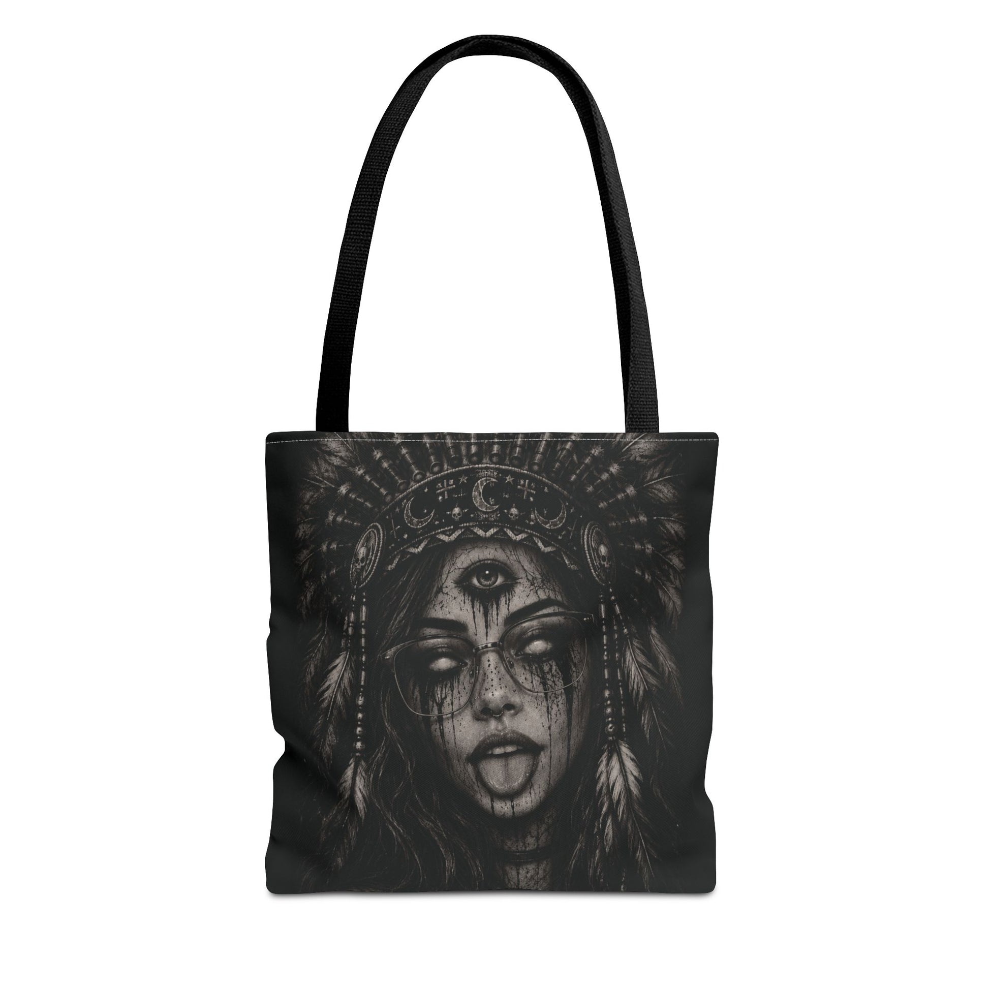 Tote bag with black and white design of a woman's face with feathers on a white background