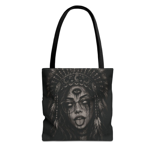Tote bag with black and white design of a woman's face with feathers on a white background